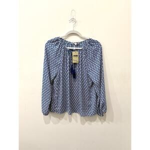 Olivaceous Geometric Print Tasseled Neck Blouse Boho Blue Women's Size Medium
